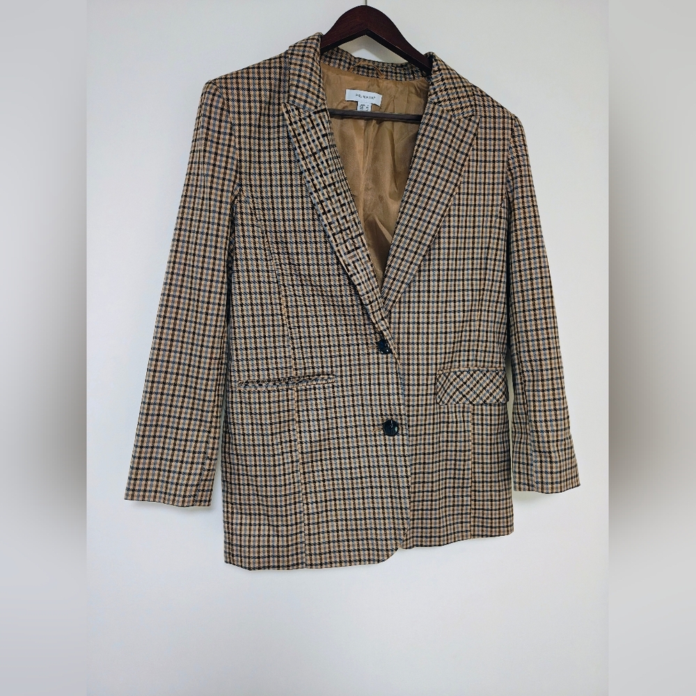 Primark Plaid Blazer Size 2 Tan Blue Check Preppy Tailored Jacket